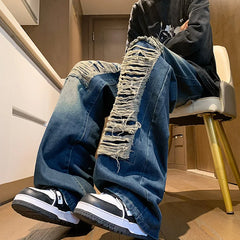 Threebooy Straight Trousers Wide Pants Ripped Jeans Streetwear American Vintage Luxury Man Jeans Baggy New Men's Clothing
