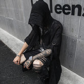 Threebooy Punk rock hip hop black long shirt hooded cloak cardigan men linen oversize blouse Nightclub DJ singer gothic vintage streetwear
