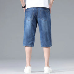 Threebooy New Summer Men's Thin Straight Denim Shorts Soft and Comfortable Ice Silk Feel Loose Pants Large size Light Blue Dark Blue