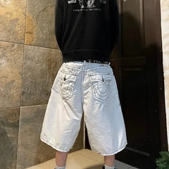 Threebooy American Hiphop Wide Leg Denim Shorts Men and Women Models Straight Loose High Street Pants Summer Y2k Cargo Shorts Men Pants