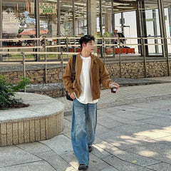 Threebooy Khaki Cargos Stand Collar Jackets Men's Japanese Retro Streetwear Fashion Solid Color Zipper Long Sleeve Coats Autumn Clothing