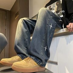 Threebooy American retro men and women trendy star shaped graphic design straight leg jeans loose hip-hop wide leg casual pants y2k