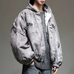 Threebooy American Street Style Autumn Winter Raw Edge Hooded Cotton Coat Men'S Casual Loose Warm Personality Cotton Coat Tops Jacket Men