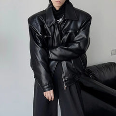 Threebooy 90s Streetwear Short Black Top Jacket for Spring and Autumn Men's Casual Lapel Thin Motorcycle Leather Jacket
