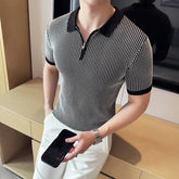 Threebooy Summer Striped Knitted Collar POIo Shirt Men Slim Fit Casual Business Lapel T-shirt Ice Silk Breathable Office Social POLOS