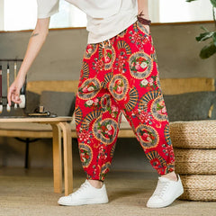 Threebooy Men Printed Harem Pants New Cotton Linen Drawstring Trousers Streetwear Hip Hop Fitting Jogging Loose Casual Wide Leg Pants