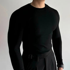 Threebooy Threaded Round Neck Gym Long-Sleeved T-Shirt Mens Autumn Fashion Bottoming Shirt Advanced Casual Slim Elastic Muscle Fitness Top