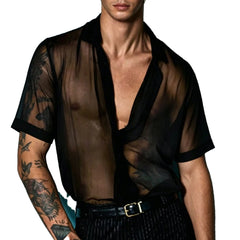 Threebooy Mens Mesh Sheer Lightweight Sexy Short Sleeve Shirt Streetwear Fashion Nightclub Stage Performance Gayboys Avant Garde Top