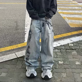 Threebooy High Street Washed Blue Baggy Jeans for Men and Women Striaght Vintage Casual Denim Trousers Oversized Ropa Hombre Cargos