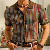 Threebooy Summer Clothing Men's Luxury Knitted Striped Printed Shirt Fashion Short Sleeve Button-down Shirts for Men Vintage Knitwear