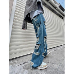 Threebooy Distressed Brushed Jeans Men Niche High Street Straight Trousers