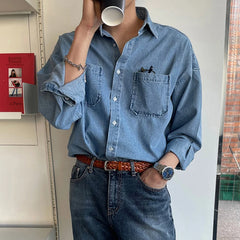 Threebooy Spring Clothing Men's Denim Long-sleeved Pocket Shirt Casual Korean Turn down Button Streetwear Light Luxury Stylish 2025 New
