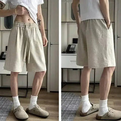 Threebooy Men Linen Blend Shorts Drawstring Waist Straight Fit Casual Streetwear Half Pants Summer New Simple Menswear
