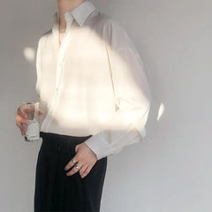 Threebooy Style Ice Silk INS Temperament Retro Drape Free Ironing Green White Shirt Men Women Long Sleeve Handsome Korean Version Loose