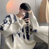 Threebooy Autumn Clothing Men's Knitted Luxury Printed Pullovers Sweater Casual Vintage Loose O Neck Solid Color Long Sleeve Knitwear