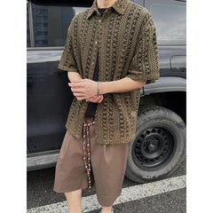 Threebooy Fashion Army Green Knitted Hollow out Shirt Men Streetwear Transparent Lapel Short Sleeve Button Camisas Sexy Men Clothing 2XL-M