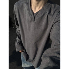 Threebooy V-Neck Long Sleeve T-Shirt Men's Autumn Winter American Style Layering Warm Solid Color Sweatshirt