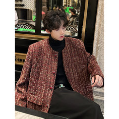 Threebooy Round Collar Tweed Blazers Cardigan Men's Autumn Collarless Short Jacket Korean Style Chic Fashion Elgance Coat Handsome Jackets