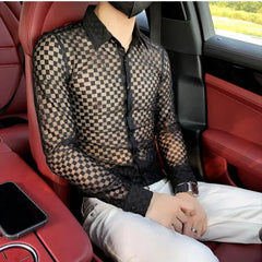 Threebooy Spring Autumn New Fashion Plaid a Peaked Collar Men's Clothing Shirts Long Sleeve Button Hollow Out Slim Korean Chaopai Blouse