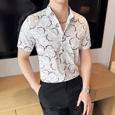 Threebooy Men's Ice Silk Printed Short Sleeved Shirt with Fashionable Collar Sweat Absorbing and Breathable Social Dress Slim Fit Shirt