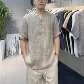 Threebooy Summer New Loose V-neck New Chinese Retro Men's Patchwork Button Fashion Solid Color Loose Casual Short Sleeved Shirts