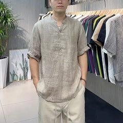 Threebooy Summer New Loose V-neck New Chinese Retro Men's Patchwork Button Fashion Solid Color Loose Casual Short Sleeved Shirts