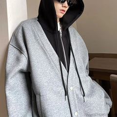 Threebooy Mens Fake Two Piece Zipper Hoodie Jackets Casual Loose Hooded Coat Male New Jackets Men Autumn Outwear Korean Trendy Clothing