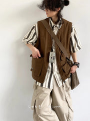 Threebooy New Summer Japanese Retro Work Suit Vest Men Women Korean Fashion College Style Loose Sports Casual Sleeveless Versatile Jacket