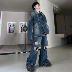 Threebooy Men's Oversized Ripped Denim 2-Piece Set