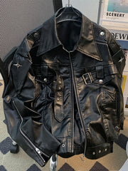 Threebooy Niche Deconstruction Heavy Industry Leather Jacket Spring Autumn Design Loose Punk Streetwear Short Motorcycle Leather Coat