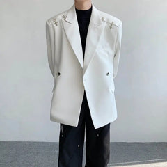 Threebooy Spring Autumn High-end Shoulder Pad White Suit Jacket Niche Deconstructed Metal Aircraft Buckle Design Sense Fashion Trendy Suit