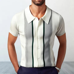 Threebooy Men's Business Striped Knitted Polo Shirt Light Luxury Leisure Turn Down Collar Button Short Sleeve Shirts Breathable Knitwear