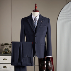 Threebooy High-quality, fashionable and stylish British-style banquet striped suit set, men's three-piece business casual suit