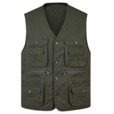 Threebooy New Classic Summer Men Vest Cotton Button Multi Pocket Sleeveless Jacket Coat Solid Color Outdoor Fishing Waistcoat Plus Size