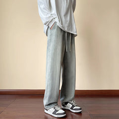 Threebooy Streetwear Men's Elastic Waist Wide Leg Baggy Jeans Korean Fashion New Autumn Retro Oversize Jeans Male Drawstring Design Pants