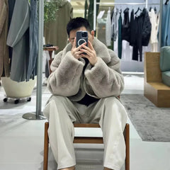 Threebooy Cold-Resistant And Warm Fashion Korean Style Plush Jacket Mens Autumn And Winter Thickened Fashionable Imitation Rabbit Fur Coat