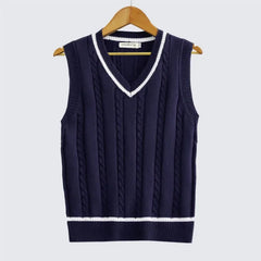 Threebooy Striped White Knitted Sweaters for Men Blue Sleeveless Man Clothes V Neck Vest Red Waistcoat Jumpers Sweat-shirt Cigaret Cotton