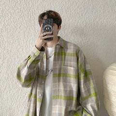 Threebooy Men Casual Plaid Loose Long Sleeve Sunscreen Shirt Elegant Turn Collar Shirts And Blouses