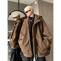 Threebooy Plus Size 3XL-M Winter New Berber Fleece Jacket Parka Loose Coat Men Solid Color Mens Hooded Casual Loose Thick Warm Jacket Man