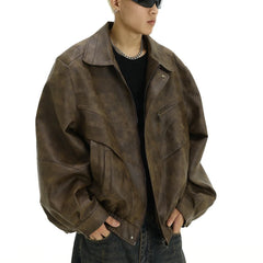 Threebooy 90s Streetwear American Retro Brown Leather Jacket Men's Casual Lapel Jacket
