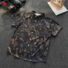 Threebooy Men Summer Ice Silk Printed Short Sleeve Shirt Breathable Casual Button-Down Top Abstract Floral Pattern Shirts