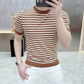 Threebooy Summer Striped Knitted Round Neck T-shirts Men Slim Fit Short Sleeve Casual Business Tshirt Ice Silk Breathable Knitwear M-4XL