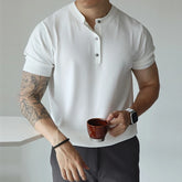 Threebooy New Fashion American Style Men T-shirt Light Luxury Knitted Henry Collar Tees Casual Solid Color Short Sleeve Breathable Tops