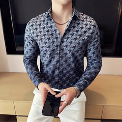 Threebooy Brand Thousand Bird Grid Gradient Printed Men's Shirt Long Sleeve Slim Casual Shirts Fashion Social Business Dress Shirt