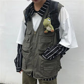 Threebooy Cargo High-end Vest Korean Style Streetwear Japanese Retro Functional Multi-pocket Work Solid Color Pocket Vest Jacket Aesthetic