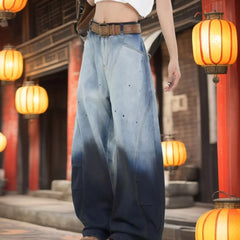 Threebooy American retro gradient high street splashed ink personality loose curved knife hip-hop jeans men and women trendy casual pants