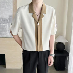 Threebooy Summer Splicing Ice Silk Cuban Collar Shirt Men Half Sleeve Loose Casual Shirts Fashion Vacation Hawaii Streetwear Shirt