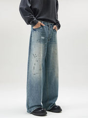 Threebooy Men's Fashion Paint Spots Baggy Straight Jeans Vintage Ice Blue Denim Pants High Street Hip Hop Trousers Mens Designer Clothes
