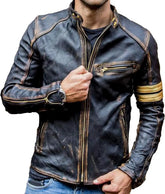 Threebooy Men's Black Biker Vintage Motorcycle Distressed Cafe Racer Leather Jacket Classic Biker Jacket Aviator Motor Autumn Coats