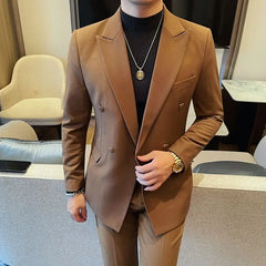 Threebooy Double-Breasted Peak Lapel Suit Set For Men New Business Formal Wedding Dress Casual Blazer